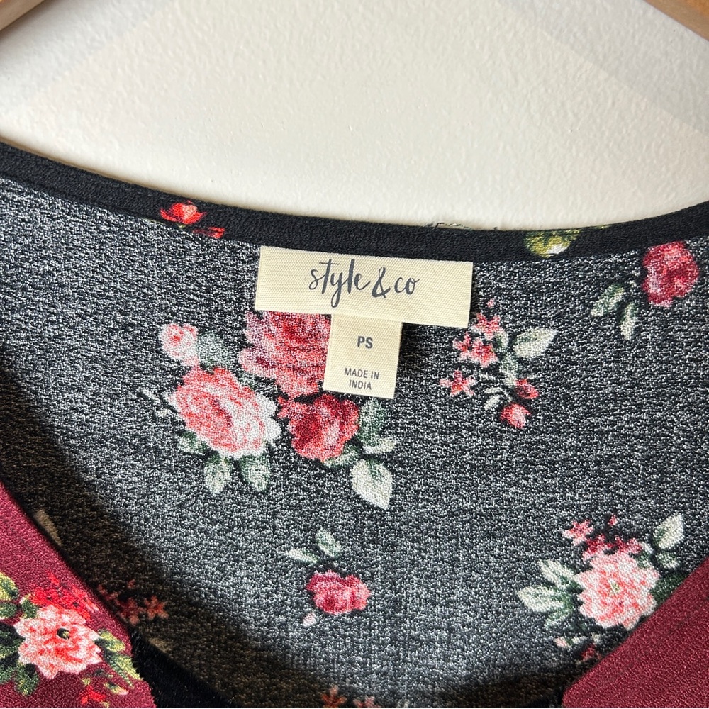 Style & Co. Floral Patchwork Red Black Peasant Whimsygoth Blouse w/ Velvet - Picture 4 of 11